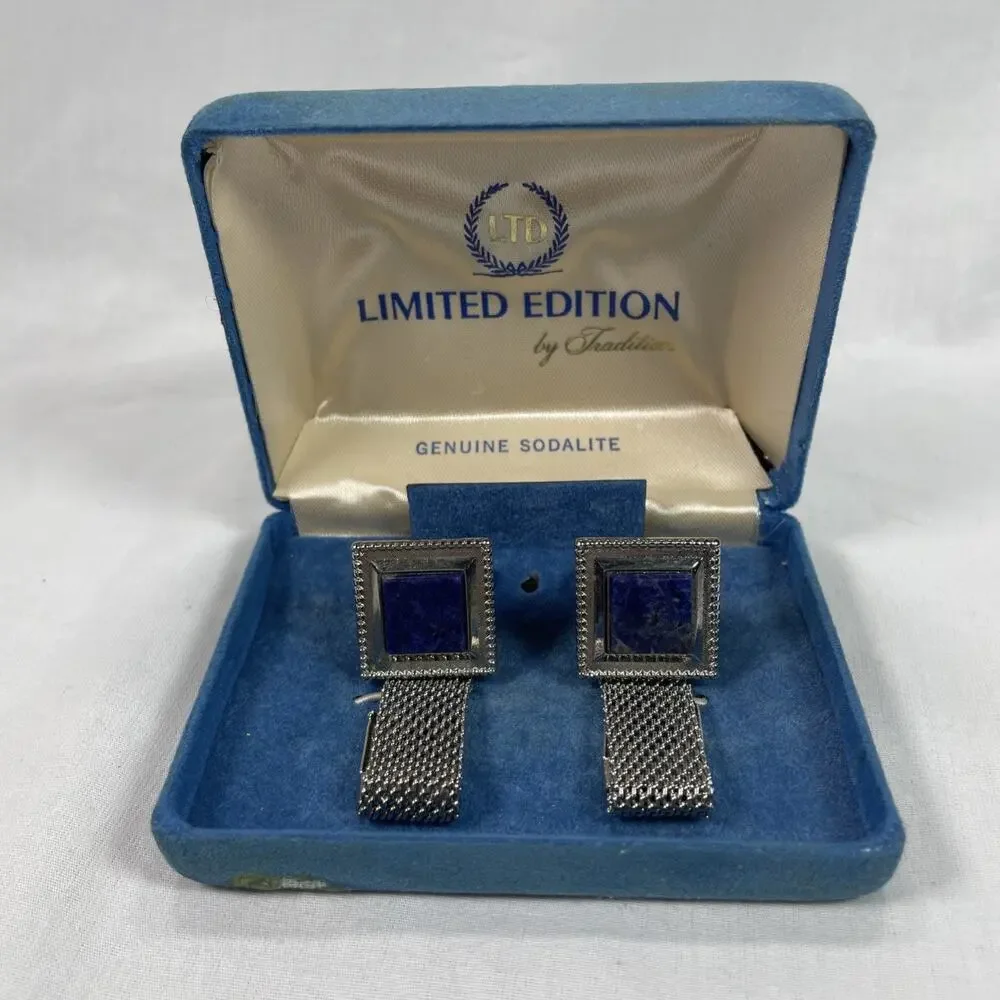 Vintage BLUE SODALITE Silver Wrap-Around Square Cufflinks, With Bonus Tie Bar!
